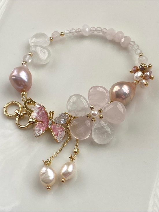Hand Crafted Jewelry - B178-Handmade Rose Quartz Flower And Pink Edsion Pearl Butterfly Bracelet